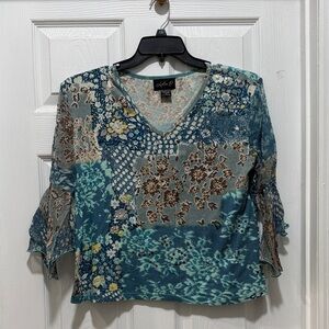 Women's Floral Patchwork Top - Blue and Brown